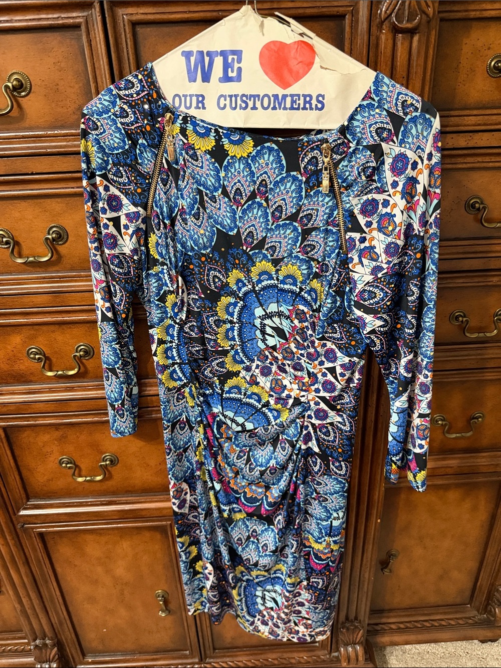 Joseph Ribkoff Blue Multi-Print Long Sleeve Dress with Yellow Accents